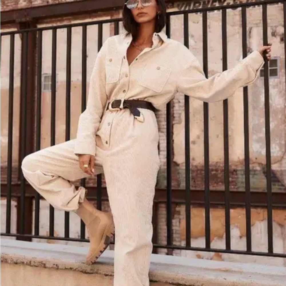 12th Tribe Cream Utility Jumpsuit with Button Front